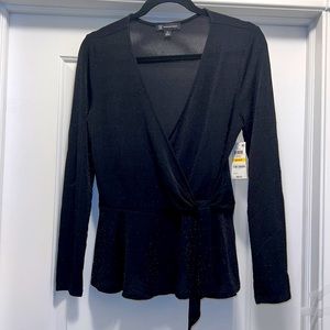 Women’s Medium INC Black Glittzy Faux Wrap Long Sleeve Blouse
